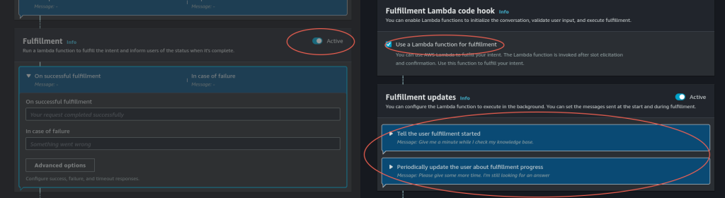 Amazon Lex Intent configuration page showing that Fulfillment is active, with a Lambda function set for fulfillment and fulfillment update messages enabled.