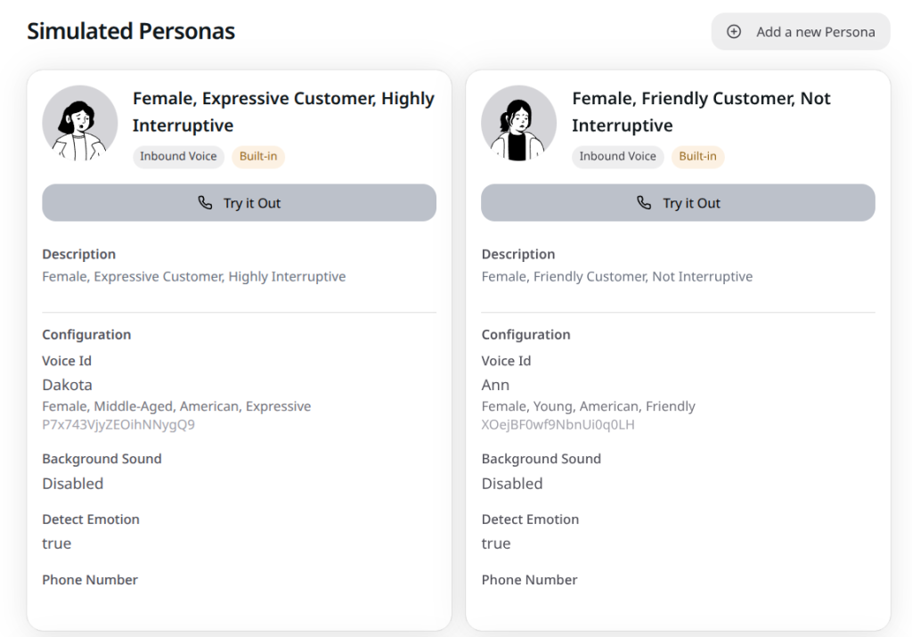 Some of the available Simulated Personas in Coval