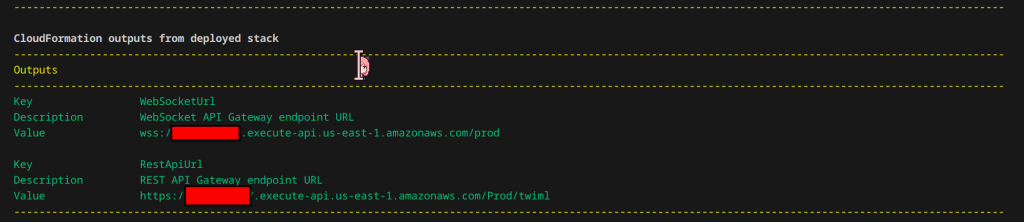 A screenshot of the output of the SAM CLI after Voice Assistant deployment is done.