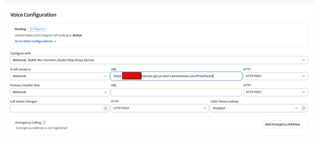 A screenshot of the Voice configuration page in Twilio’s dashboard