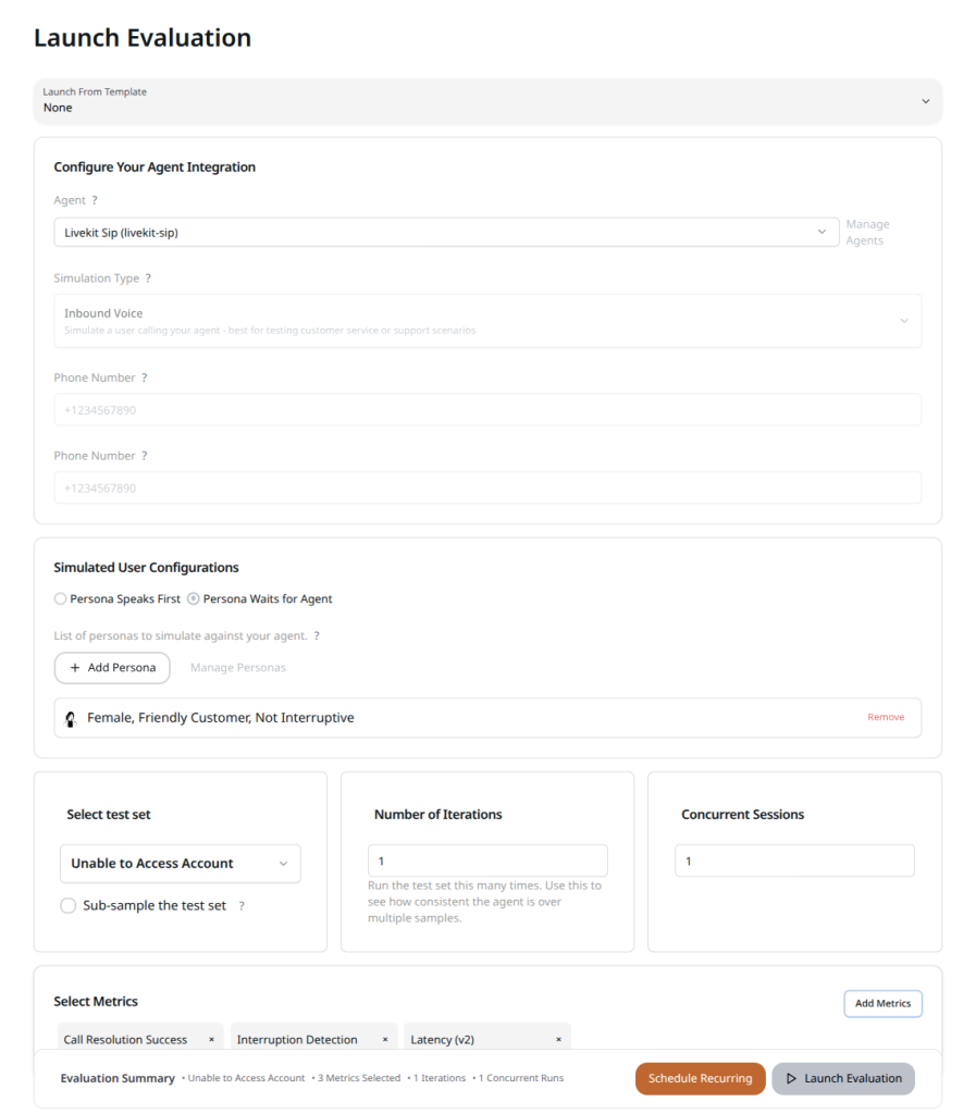 Configuration page for launching Coval evaluations.