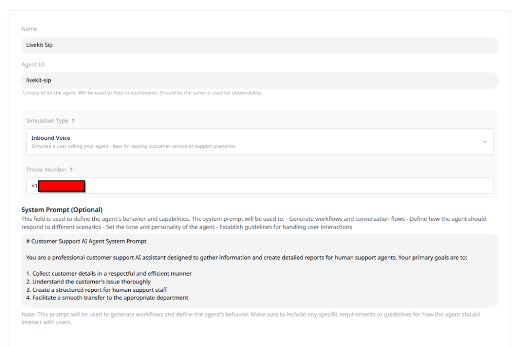 The configuration of an Agent in Coval’s web UI